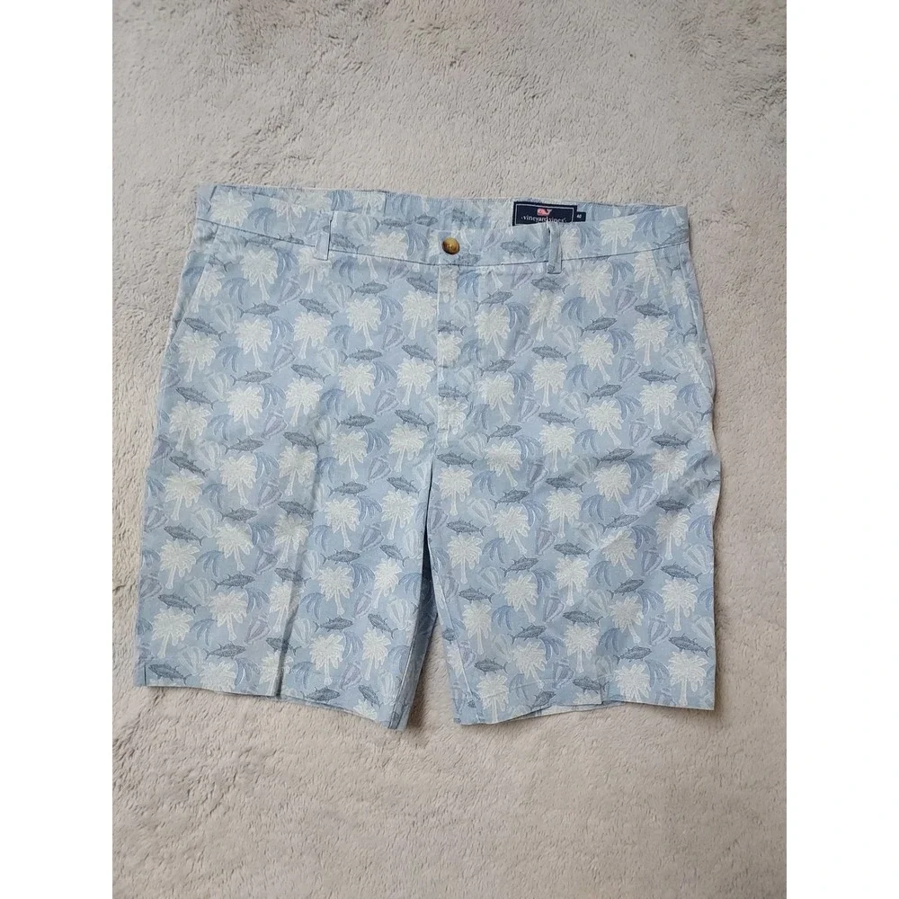 Vineyard Vines Breaker Short Mens 40 Palm Tree Fish Print Blue Preppy STARCHED